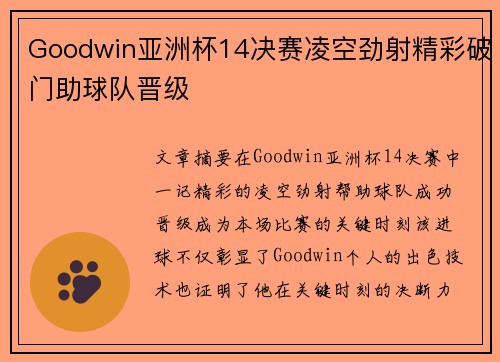 Goodwin亚洲杯14决赛凌空劲射精彩破门助球队晋级