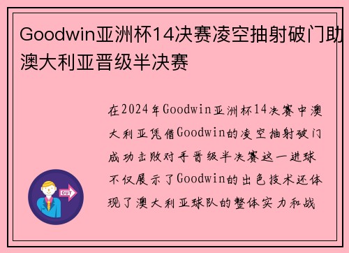 Goodwin亚洲杯14决赛凌空抽射破门助澳大利亚晋级半决赛