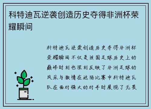 科特迪瓦逆袭创造历史夺得非洲杯荣耀瞬间